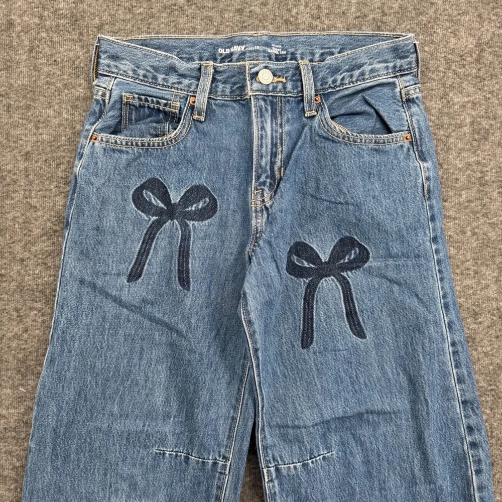 Old Navy Girls 12 Mid Rise Baggy Barrel Leg Jeans Blue Bow Print Coquette Denim